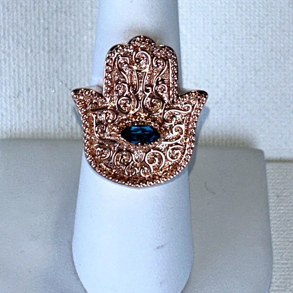 NWOT PAJ Brand Hamsa Genuine Blue Topaz Evil Eye Rose Gold Over Brass Ring Boho